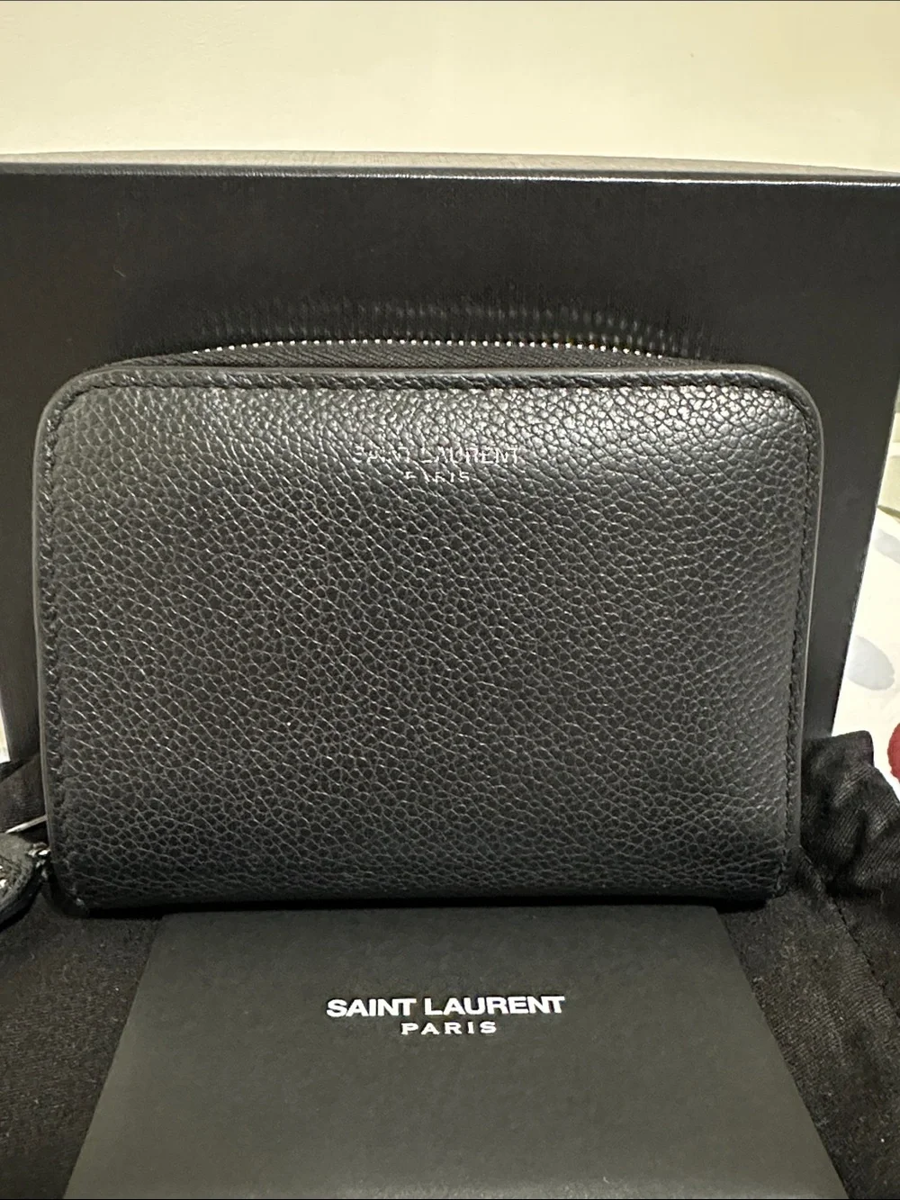 Saint Laurent Black Pebbled Leather Compact Zip Wallet